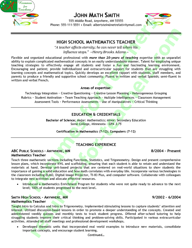 sample resume for teachers with experience
