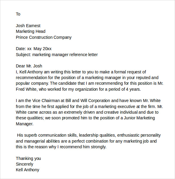 sales and marketing recommendation letter sample
