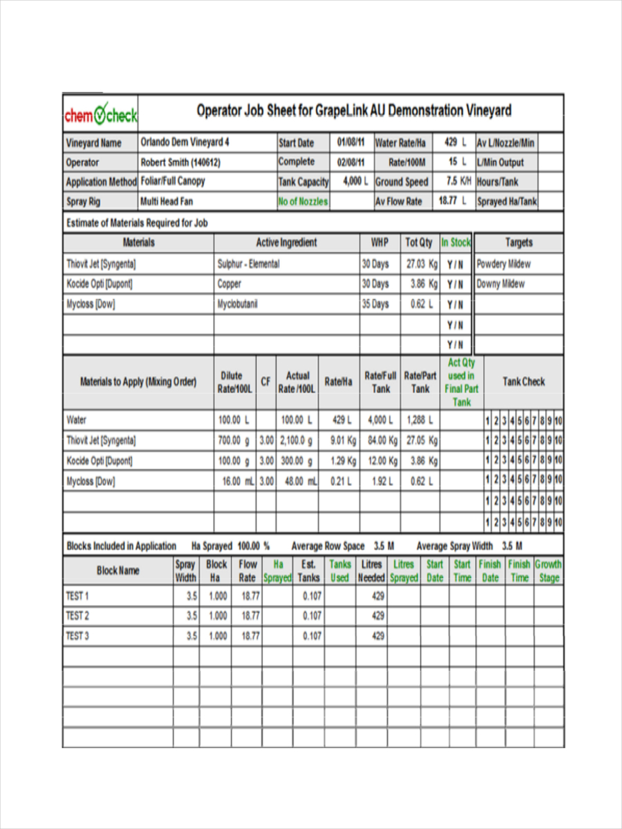 service job sheet sample
