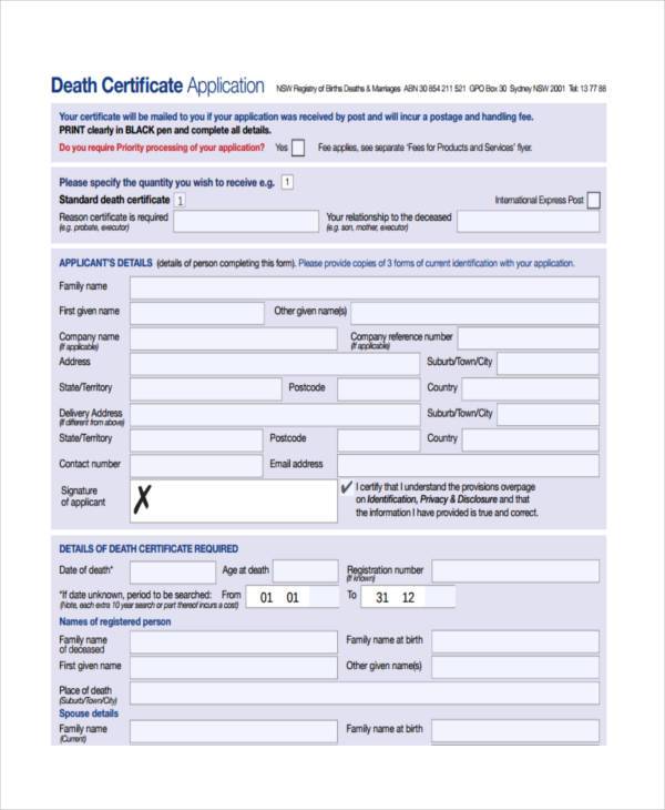 nsw bdm death certificate application