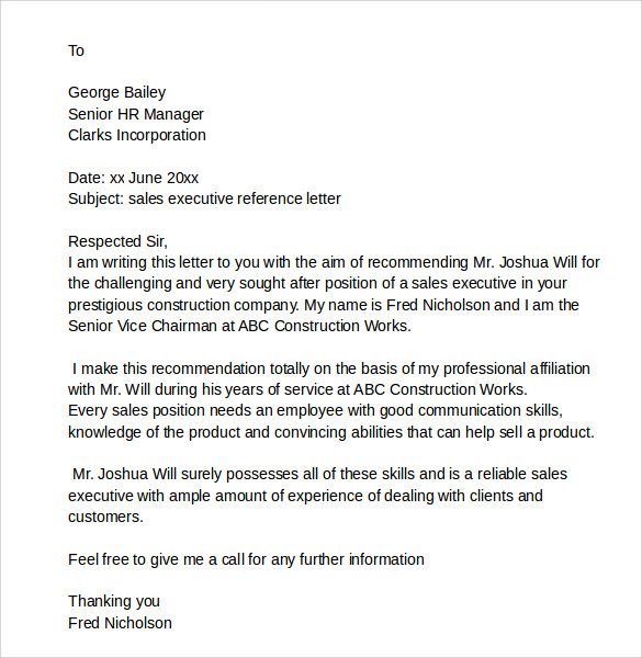 sales and marketing recommendation letter sample